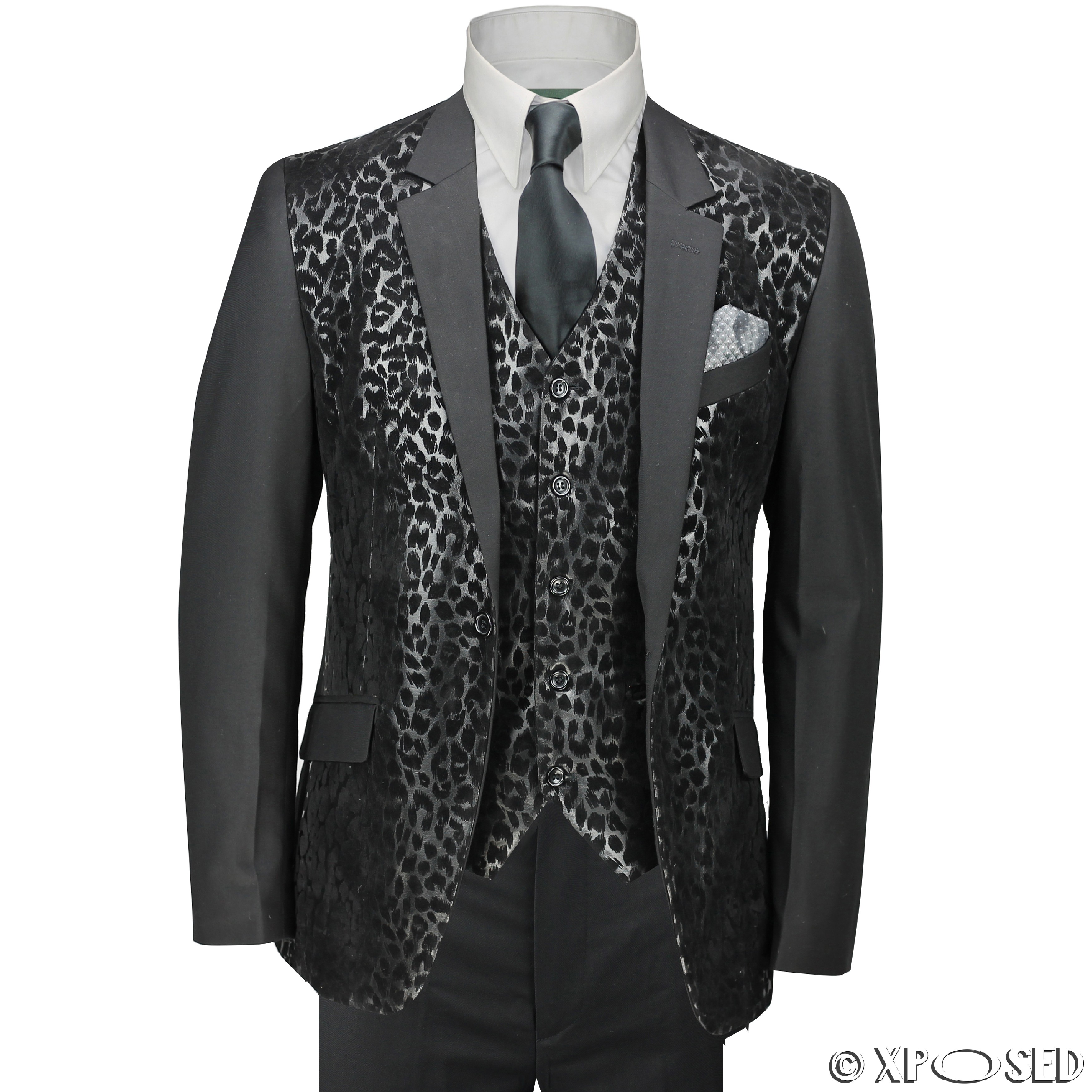 Mens Black Leopard Print 3 Piece Slim Fit Funky Italian Style Suit